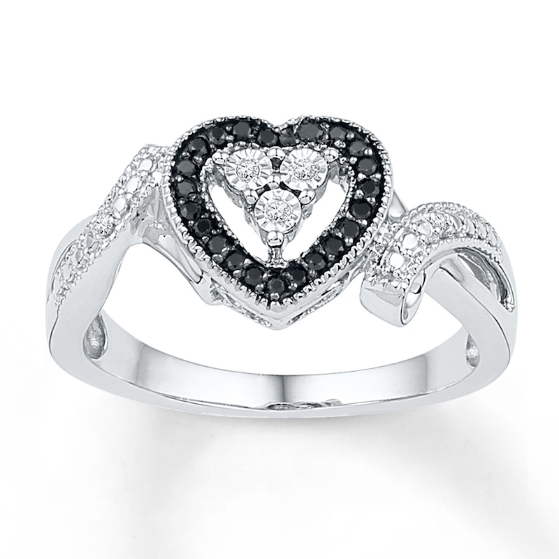 Main Image 1 of Black & White Diamond Heart Halo Promise Ring 1/10 ct tw Sterling Silver