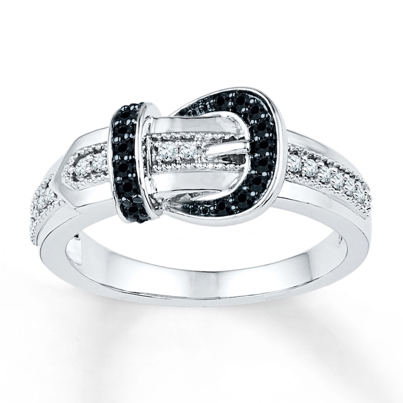 Main Image 1 of Black/White Diamond Belt Buckle Ring 1/5 ct tw Sterling Silver