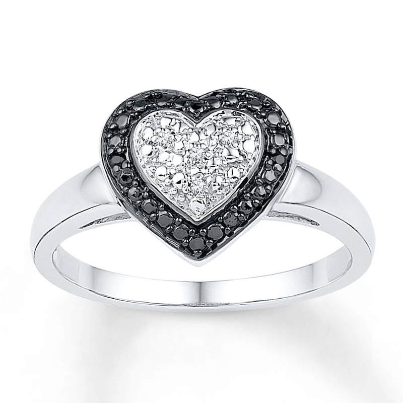 Main Image 1 of Black/White Diamond Heart Ring Sterling Silver
