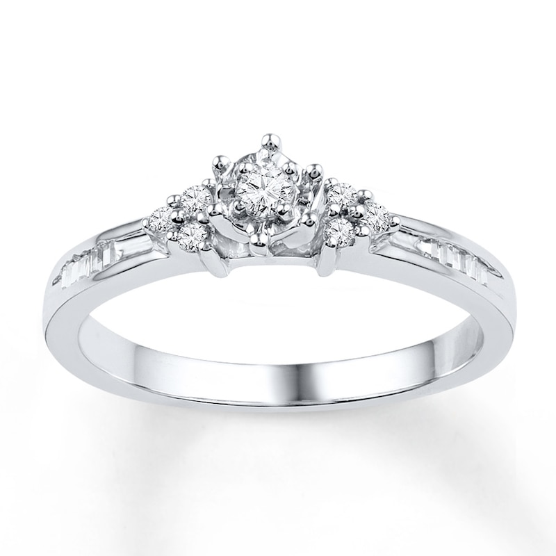 Main Image 1 of Round & Baguette-Cut Diamond Promise Ring 1/5 ct tw 10K White Gold