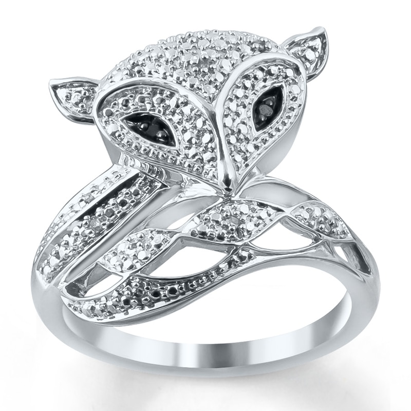 Black/White Diamond Accent Fox Ring Sterling Silver