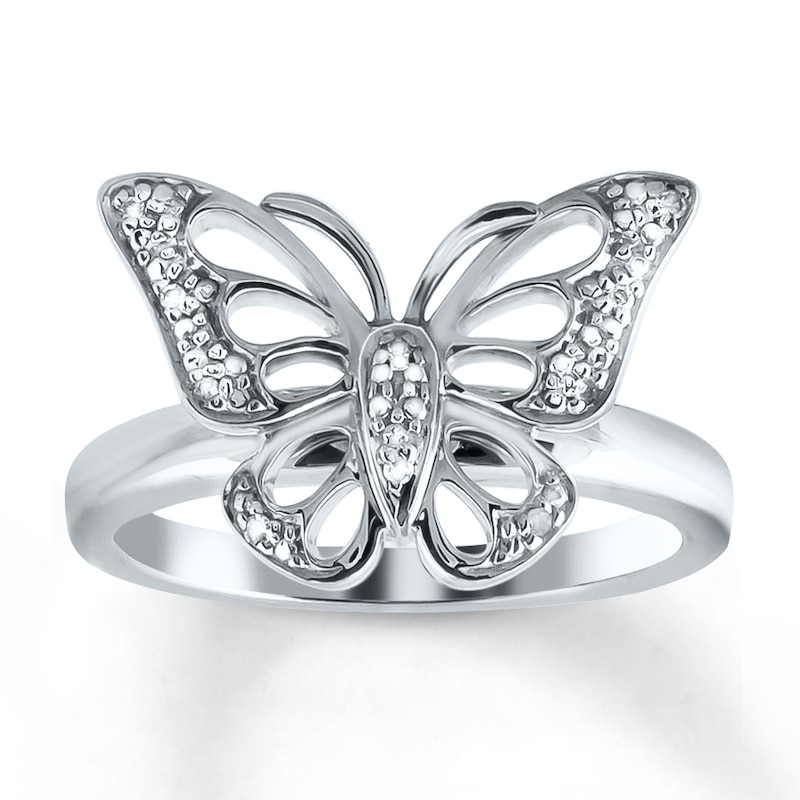 Box Sterling Silver White & Black Diamond Butterfly Ring 