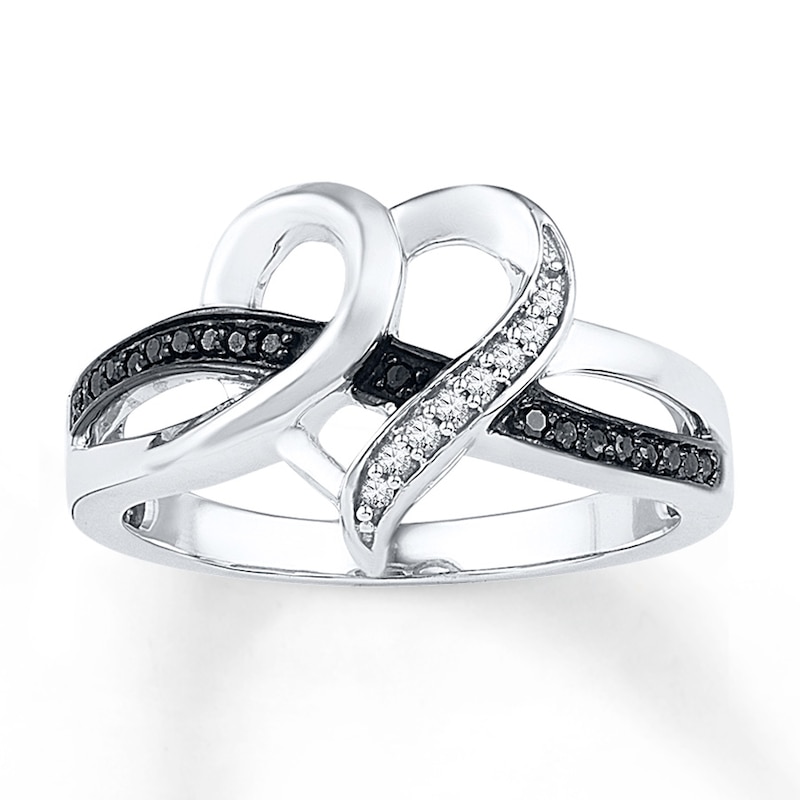 Main Image 1 of Black & White Diamond Heart Ring 1/10 ct tw Sterling Silver