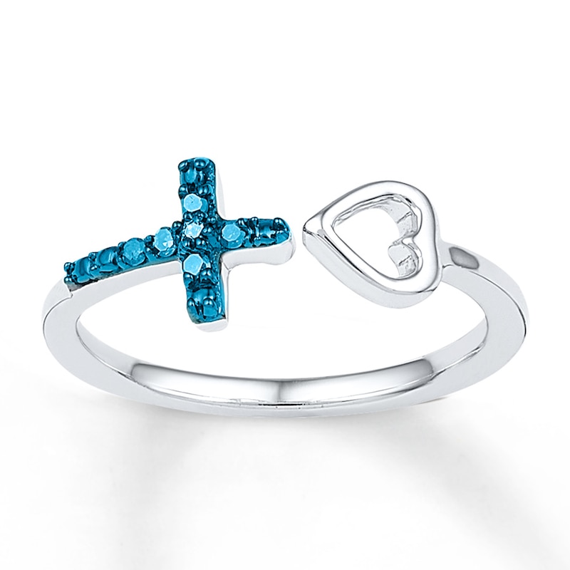 Main Image 1 of Midi Cross Ring Blue Diamond Accents Sterling Silver