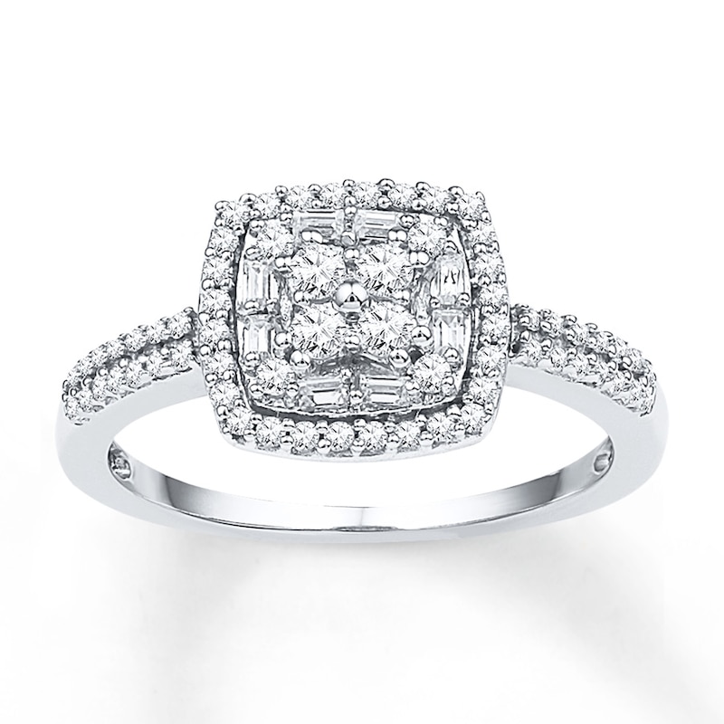 Main Image 1 of Baguette & Round-Cut Diamond Double Halo Promise Ring 1/2 ct tw 10K White Gold