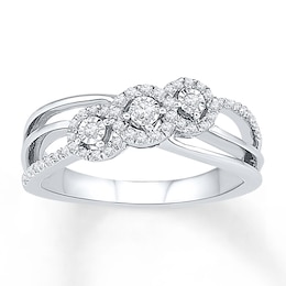 Diamond Halo Three-Stone Promise Ring 1/4 ct tw Sterling Silver