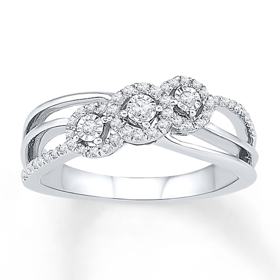 Diamond Halo Three-Stone Promise Ring 1/4 ct tw Sterling Silver