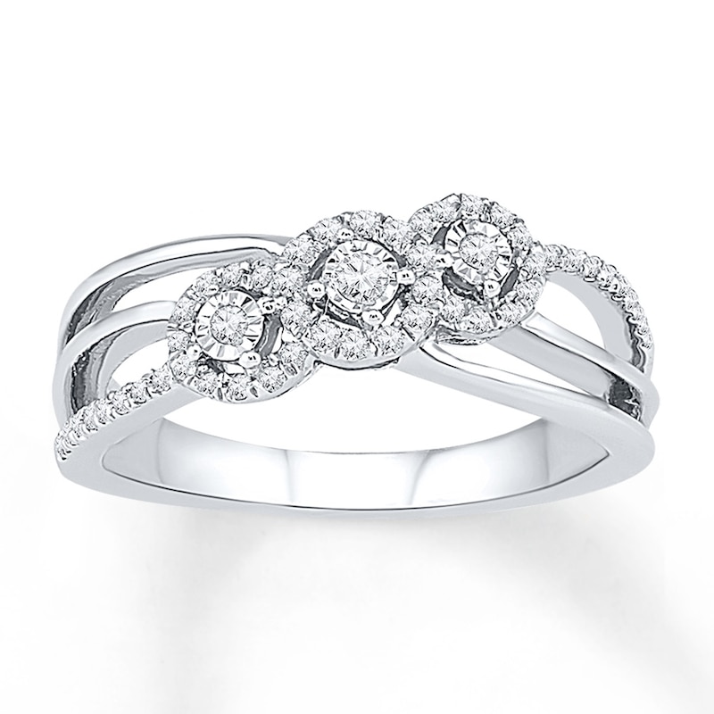 Main Image 1 of Diamond Halo Three-Stone Promise Ring 1/4 ct tw Sterling Silver
