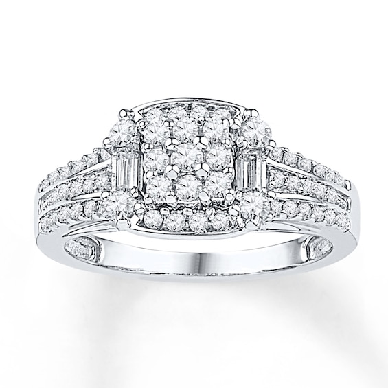 Baguette & Round-Cut Diamond Cushion Halo Promise Ring 5/8 ct tw 10K White Gold