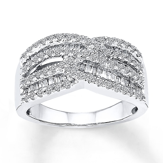 Diamond Ring 1 ct tw Round & Baguette-cut 14K White Gold