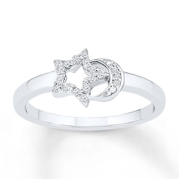 Star & Moon Ring 1/15 ct tw Diamonds Sterling Silver