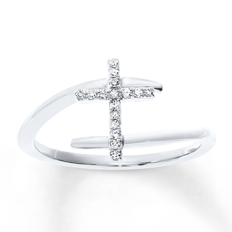Main Image 1 of Diamond Cross Ring 1/15 ct tw Round-cut 10K White Gold