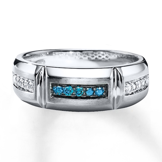 Men's Wedding Band 1/4 ct tw Blue Diamonds 10K White Gold