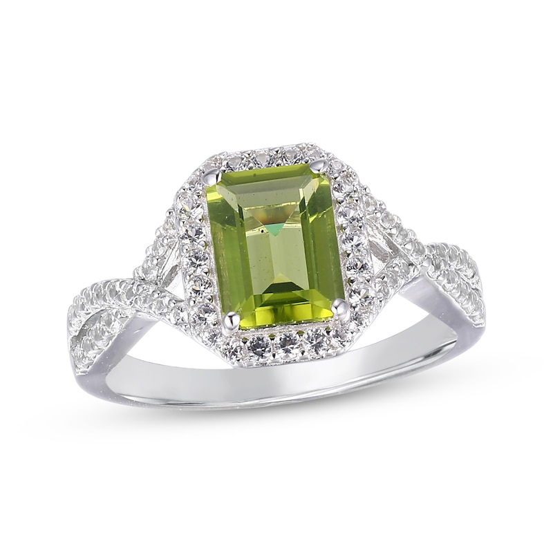 Emerald-Cut Peridot & White Lab-Created Sapphire Frame Ring Sterling Silver with 360