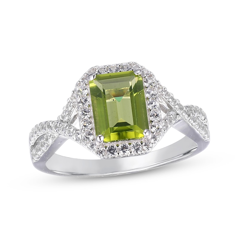 Emerald-Cut Peridot & White Lab-Created Sapphire Frame Ring Sterling Silver
