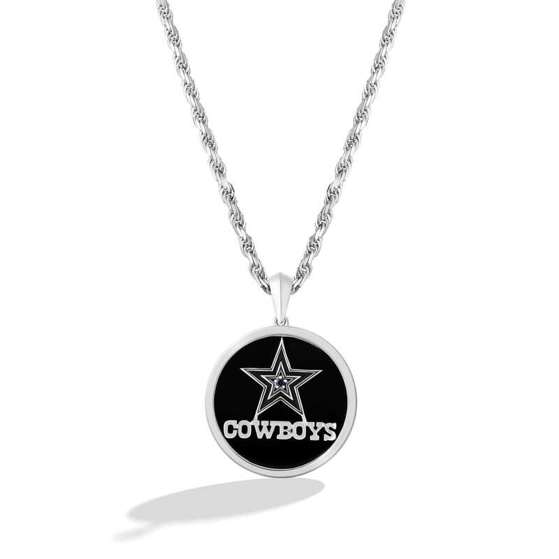 True Fans Dallas Cowboys Onyx and Lab-Created Blue Sapphire Disc Necklace in Sterling Silver