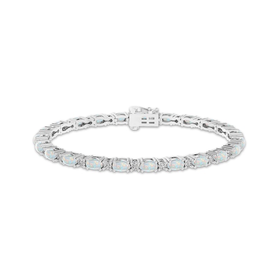 Lab-Created Opal & White Lab-Created Sapphire Link Bracelet Sterling Silver 7.25"