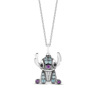 Disney Treasures Lilo & Stitch London Blue Topaz, Amethyst & Diamond Necklace 1/20 ct tw Sterling Silver 17"