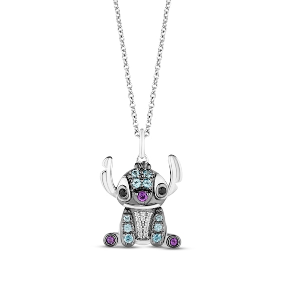 Disney Treasures Lilo & Stitch London Blue Topaz, Amethyst & Diamond Necklace 1/20 ct tw Sterling Silver 17"
