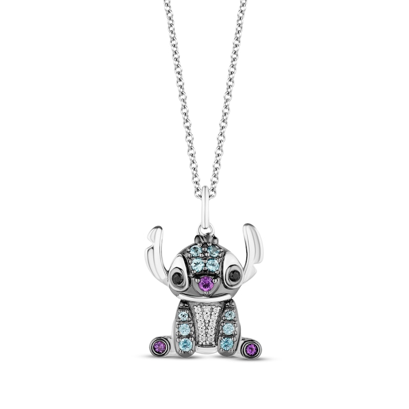 Disney Treasures Lilo & Stitch London Blue Topaz, Amethyst & Diamond Necklace 1/20 ct tw Sterling Silver 17"