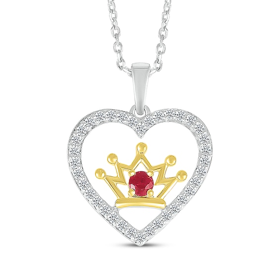 Lab-Created Ruby & White Sapphire Heart Crown Necklace Sterling Silver 14K Yellow Gold 18"