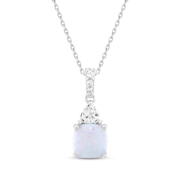 Cushion-Cut Lab-Created Opal & White Lab-Created Sapphire Necklace Sterling Silver 18"