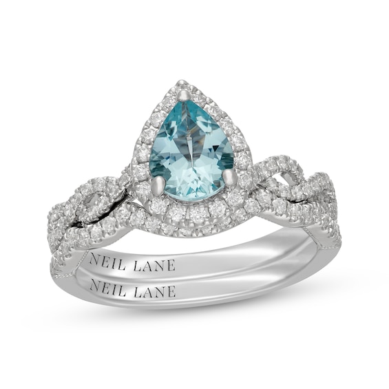 Neil Lane Pear-Shaped Aquamarine & Diamond Halo Bridal Set 1/2 ct tw Diamonds 14K White Gold