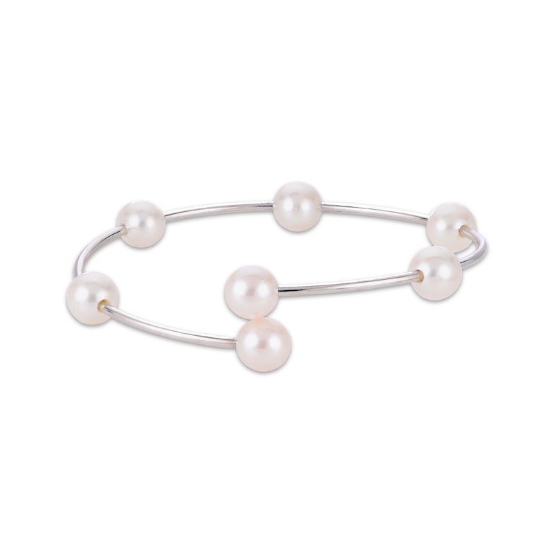 Cultured Pearl Station Flex Bangle Bracelet Sterling Silver