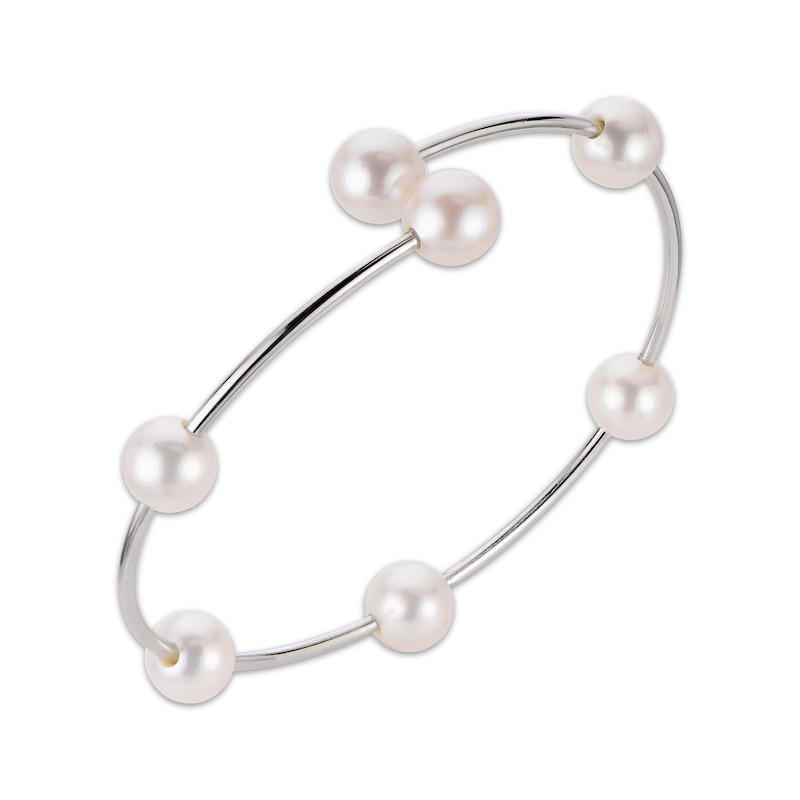 Cultured Pearl Station Flex Bangle Bracelet Sterling Silver