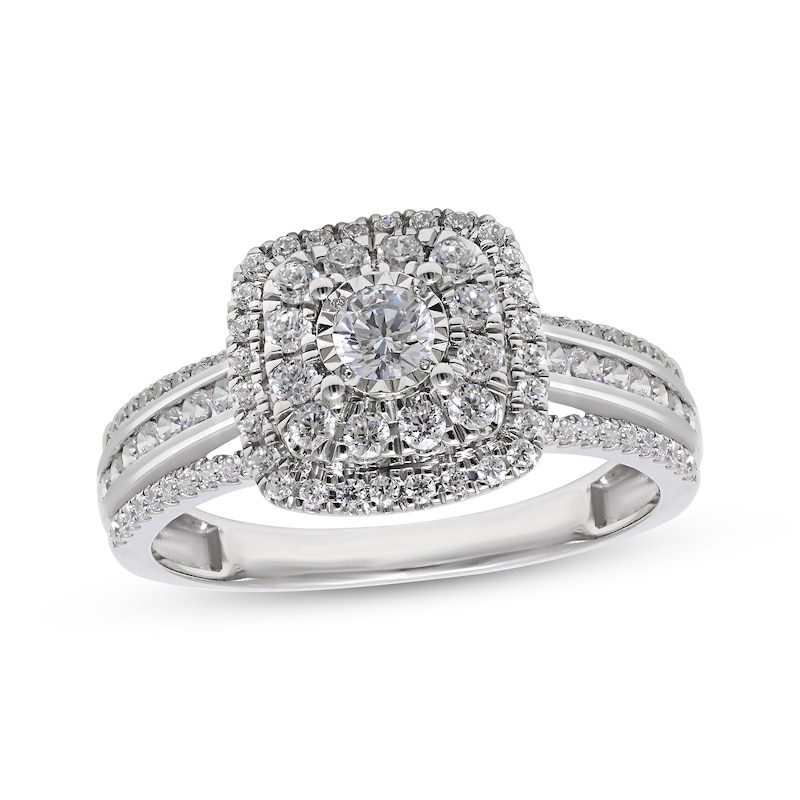 Main Image 1 of Round-Cut Diamond Double Halo Engagement Ring 1 ct tw 10K White Gold