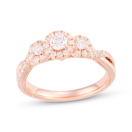 Memories Moments Magic Round-Cut Diamond Halo Three-Stone Engagement Ring 5/8 ct tw 14K Rose Gold