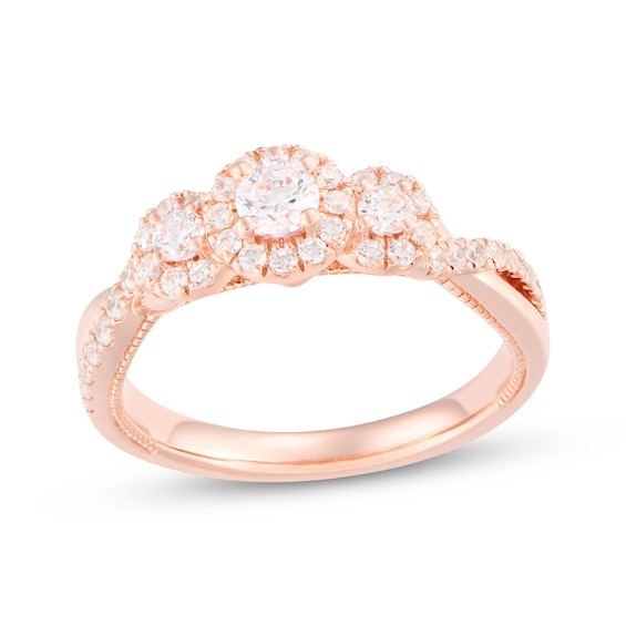 Memories Moments Magic Round-Cut Diamond Halo Three-Stone Engagement Ring 5/8 ct tw 14K Rose Gold