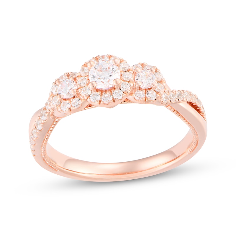 Main Image 1 of Memories Moments Magic Round-Cut Diamond Halo Three-Stone Engagement Ring 5/8 ct tw 14K Rose Gold