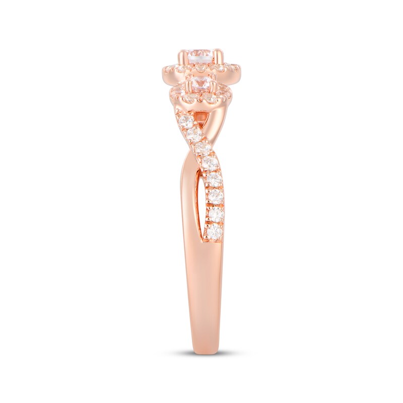 Main Image 2 of Memories Moments Magic Round-Cut Diamond Halo Three-Stone Engagement Ring 5/8 ct tw 14K Rose Gold