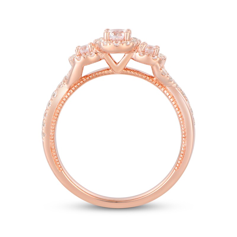 Main Image 3 of Memories Moments Magic Round-Cut Diamond Halo Three-Stone Engagement Ring 5/8 ct tw 14K Rose Gold