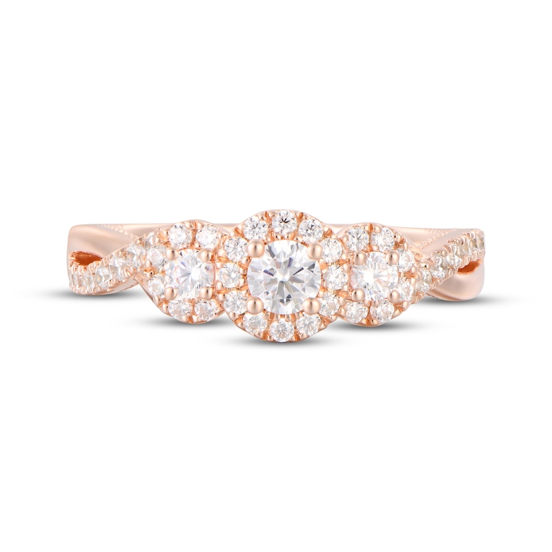 Main Image 4 of Memories Moments Magic Round-Cut Diamond Halo Three-Stone Engagement Ring 5/8 ct tw 14K Rose Gold