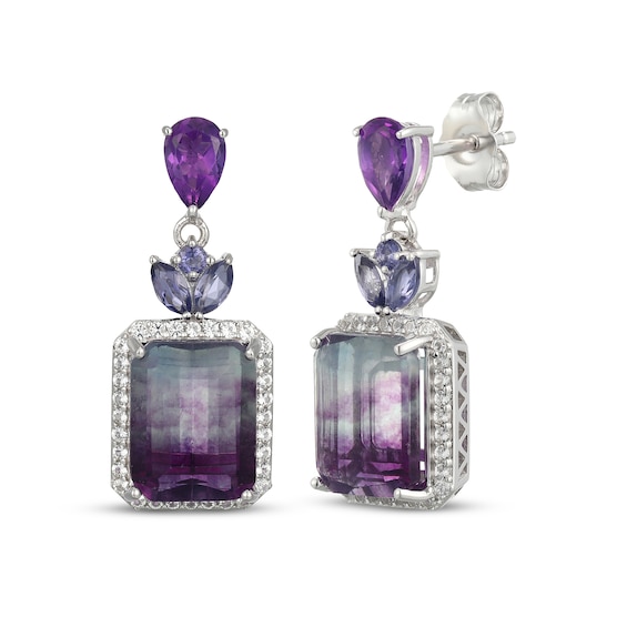 Emerald-Cut Fluorite, Iolite, Amethyst & White Lab-Created Sapphire Dangle Earrings Sterling Silver