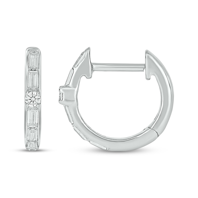 Main Image 1 of Baguette & Round-Cut Diamond Hoop Earrings 1/10 ct tw 10K White Gold
