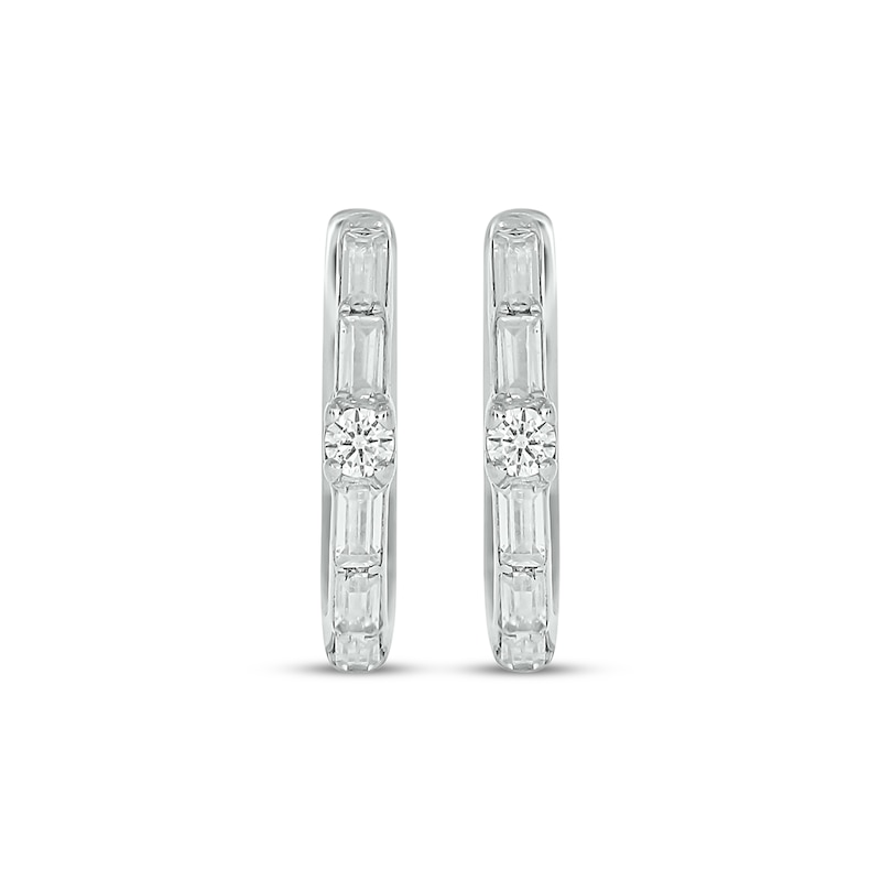 Main Image 2 of Baguette & Round-Cut Diamond Hoop Earrings 1/10 ct tw 10K White Gold