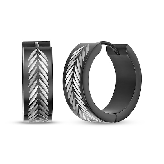 Men's Fishbone-Pattern Hoop Earrings Stainless Steel & Black Ion Plating