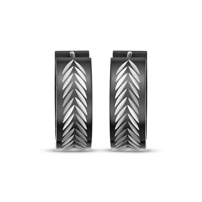 Main Image 2 of Men's Fishbone-Pattern Hoop Earrings Stainless Steel & Black Ion Plating