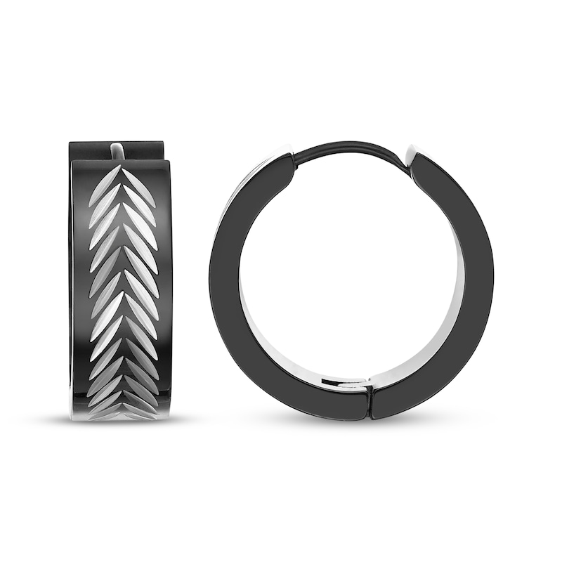 Main Image 3 of Men's Fishbone-Pattern Hoop Earrings Stainless Steel & Black Ion Plating