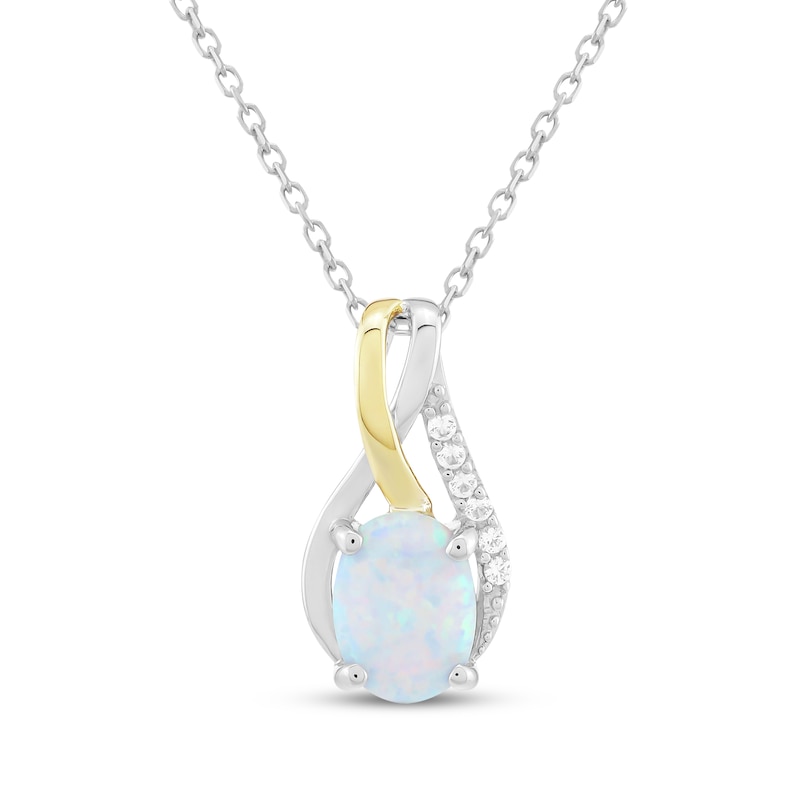 Main Image 1 of Oval-Cut Lab-Created Opal & White Lab-Created Sapphire Necklace Sterling Silver & 10K Yellow Gold 18"