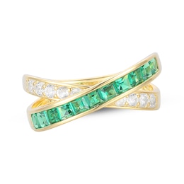 Square-Cut Lab-Created Emerald & White Lab-Created Sapphire Crossover Ring 10K Yellow Gold