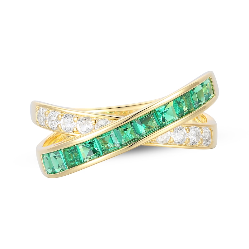 Main Image 1 of Square-Cut Lab-Created Emerald & White Lab-Created Sapphire Crossover Ring 10K Yellow Gold
