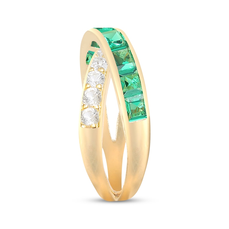 Main Image 2 of Square-Cut Lab-Created Emerald & White Lab-Created Sapphire Crossover Ring 10K Yellow Gold