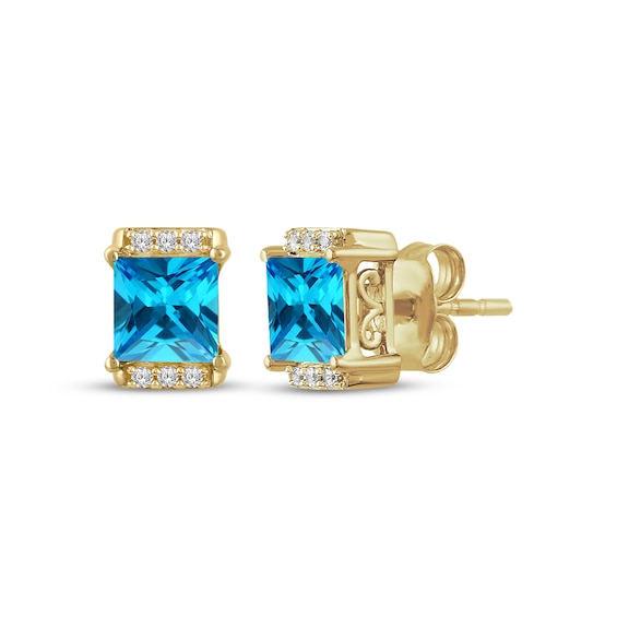 Square Emerald-Cut Swiss Blue Topaz & White Lab-Created Sapphire Stud Earrings 24K Yellow Gold Vermeil Sterling Silver