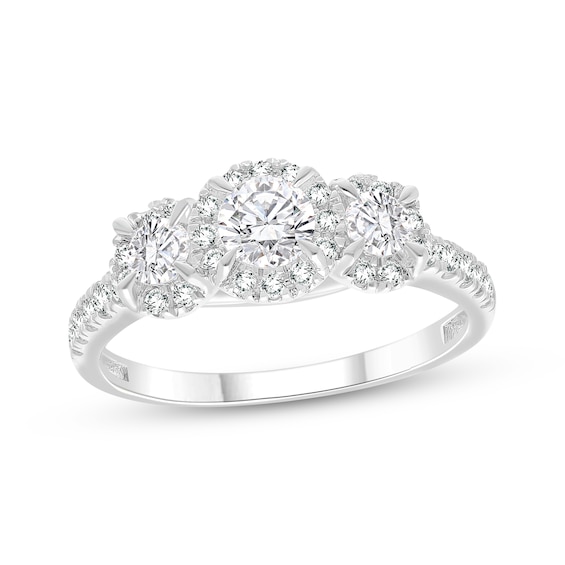 Memories Moments Magic Round-Cut Lab-Grown Diamond Three-Stone Halo Engagement Ring 1 ct tw 14K White Gold
