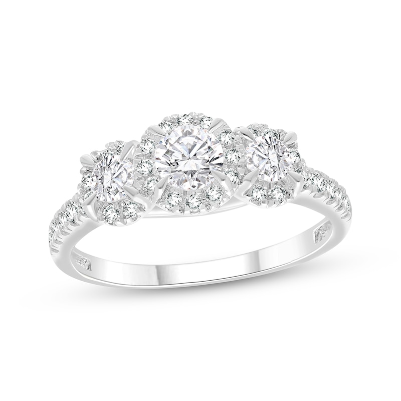 Main Image 1 of Memories Moments Magic Round-Cut Lab-Grown Diamond Three-Stone Halo Engagement Ring 1 ct tw 14K White Gold
