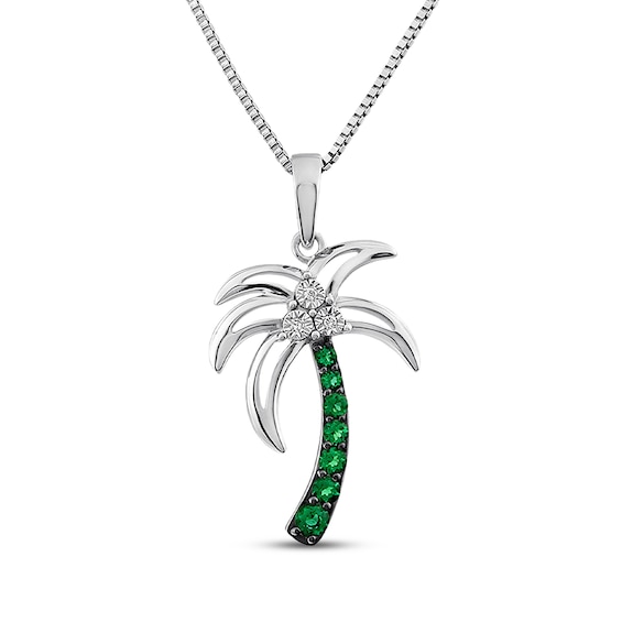 Lab-Created Emerald & Diamond Accent Palm Tree Necklace Sterling Silver 18"